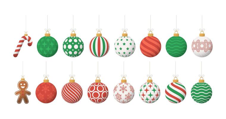 Big retro christmas balls set isolated on a white background. green white and red Set of beautiful Christmas decoration. Christmas elements, design for Christmas card, greeting card