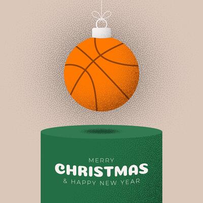 basketball Christmas Greeting grainy card. Podium Merry Christmas and happy new year sport retro greeting card. Hang on a thread xmas ball bauble on noise stipple background.