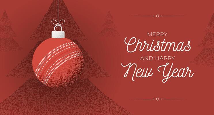 cricket Christmas Greeting grainy card. Merry Christmas and happy new year sport retro greeting card. Hang on a thread xmas ball bauble on noise red stipple background.