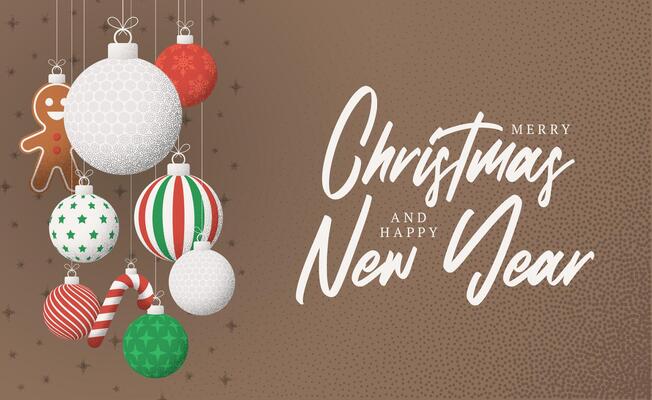golf Christmas Greeting grainy card. Merry Christmas and happy new year sport retro greeting card. Hang on a thread xmas ball bauble on noise brown stipple background.