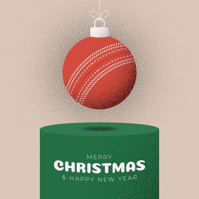 cricket Christmas Greeting grainy card. Podium Merry Christmas and happy new year sport retro greeting card. Hang on a thread xmas ball bauble on noise stipple background.