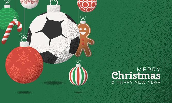 soccer Christmas Greeting grainy card. Merry Christmas and happy new year sport retro greeting card. Hang on a thread xmas ball bauble on noise green stipple background.
