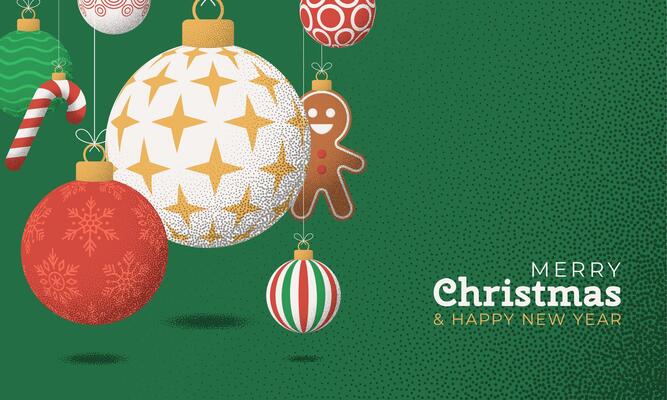 Christmas Greeting grainy card. Merry Christmas and happy new year retro greeting card. Hang on a thread xmas ball bauble on noise green stipple background