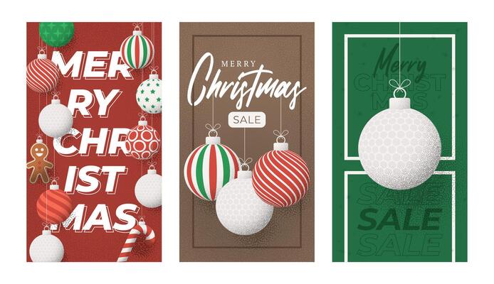 golf Christmas Greeting grainy card set. Vertical Merry Christmas and happy new year sport retro greeting card. Hang on a thread xmas ball bauble on noise stipple background.