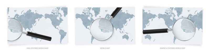 Blue Abstract World Maps with magnifying glass on map of Sierra Leone with the national flag of Sierra Leone. Three version of World Map. vector