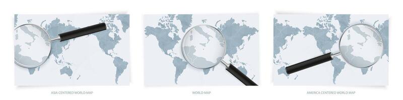 Blue Abstract World Maps with magnifying glass on map of Malta with the national flag of Malta. Three version of World Map. vector