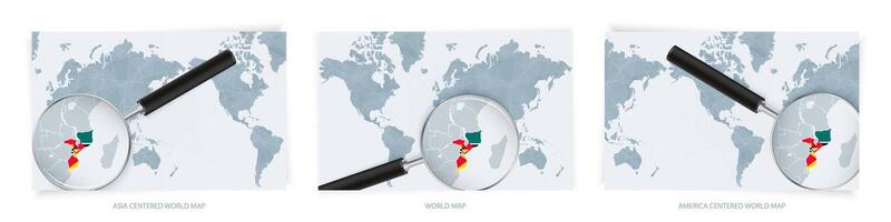 Blue Abstract World Maps with magnifying glass on map of Mozambique with the national flag of Mozambique. Three version of World Map. vector