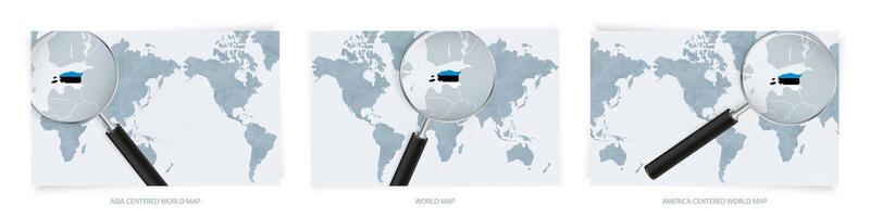 Blue Abstract World Maps with magnifying glass on map of Estonia with the national flag of Estonia. Three version of World Map. vector