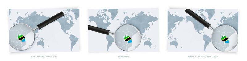 Blue Abstract World Maps with magnifying glass on map of Tanzania with the national flag of Tanzania. Three version of World Map. vector