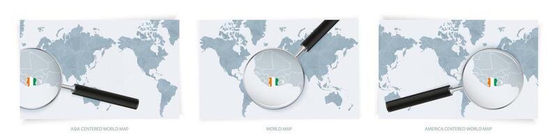 Blue Abstract World Maps with magnifying glass on map of Ivory Coast with the national flag of Ivory Coast. Three version of World Map. vector
