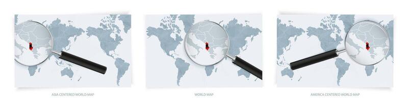 Blue Abstract World Maps with magnifying glass on map of Albania with the national flag of Albania. Three version of World Map. vector