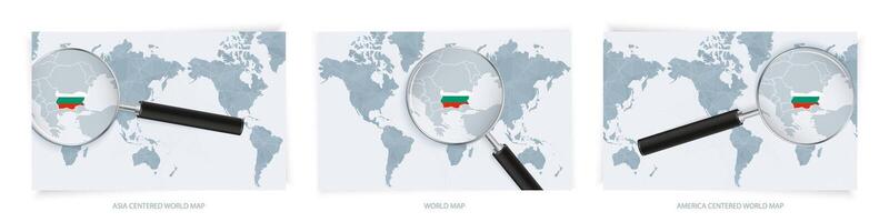 Blue Abstract World Maps with magnifying glass on map of Bulgaria with the national flag of Bulgaria. Three version of World Map. vector