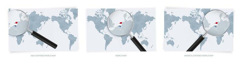 Blue Abstract World Maps with magnifying glass on map of Netherlands with the national flag of Netherlands. Three version of World Map. vector