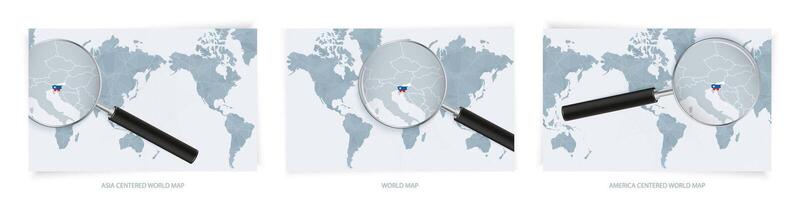 Blue Abstract World Maps with magnifying glass on map of Slovenia with the national flag of Slovenia. Three version of World Map. vector