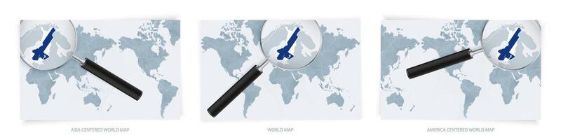 Blue Abstract World Maps with magnifying glass on map of Finland with the national flag of Finland. Three version of World Map. vector