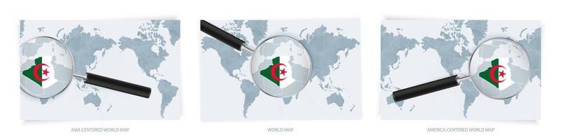 Blue Abstract World Maps with magnifying glass on map of Algeria with the national flag of Algeria. Three version of World Map. vector