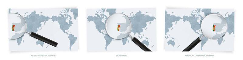 Blue Abstract World Maps with magnifying glass on map of Portugal with the national flag of Portugal. Three version of World Map. vector