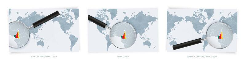 Blue Abstract World Maps with magnifying glass on map of Cameroon with the national flag of Cameroon. Three version of World Map. vector