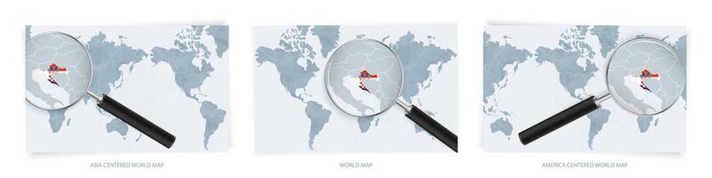 Blue Abstract World Maps with magnifying glass on map of Croatia with the national flag of Croatia. Three version of World Map. vector