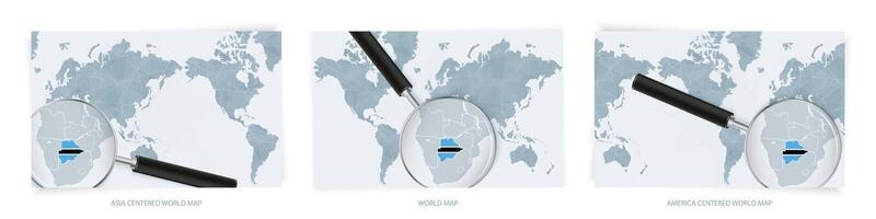 Blue Abstract World Maps with magnifying glass on map of Botswana with the national flag of Botswana. Three version of World Map. vector