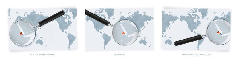 Blue Abstract World Maps with magnifying glass on map of Eritrea with the national flag of Eritrea. Three version of World Map. vector