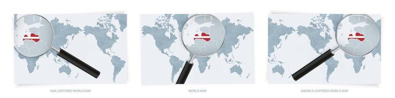 Blue Abstract World Maps with magnifying glass on map of Latvia with the national flag of Latvia. Three version of World Map. vector