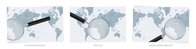 Blue Abstract World Maps with magnifying glass on map of Equatorial Guinea with the national flag of Equatorial Guinea. Three version of World Map. vector
