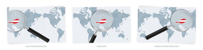 Blue Abstract World Maps with magnifying glass on map of Austria with the national flag of Austria. Three version of World Map. vector