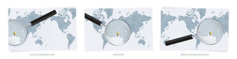 Blue Abstract World Maps with magnifying glass on map of Benin with the national flag of Benin. Three version of World Map. vector