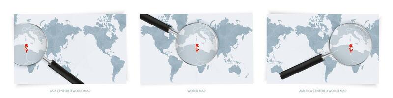 Blue Abstract World Maps with magnifying glass on map of Tunisia with the national flag of Tunisia. Three version of World Map. vector