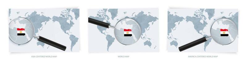 Blue Abstract World Maps with magnifying glass on map of Egypt with the national flag of Egypt. Three version of World Map. vector