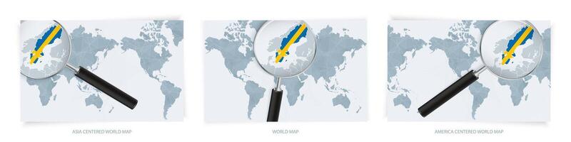 Blue Abstract World Maps with magnifying glass on map of Sweden with the national flag of Sweden. Three version of World Map. vector