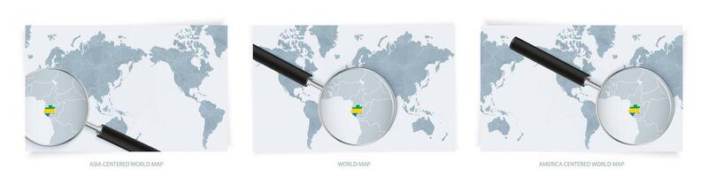 Blue Abstract World Maps with magnifying glass on map of Gabon with the national flag of Gabon. Three version of World Map. vector