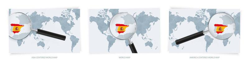 Blue Abstract World Maps with magnifying glass on map of Spain with the national flag of Spain. Three version of World Map. vector