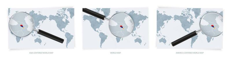 Blue Abstract World Maps with magnifying glass on map of Armenia with the national flag of Armenia. Three version of World Map. vector
