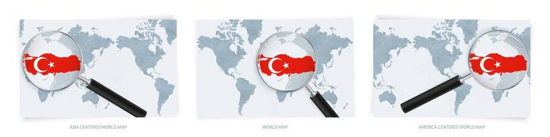 Blue Abstract World Maps with magnifying glass on map of Turkey with the national flag of Turkey. Three version of World Map. vector