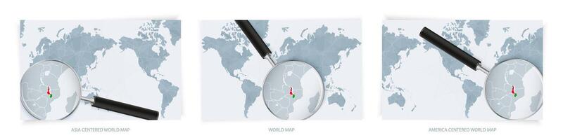 Blue Abstract World Maps with magnifying glass on map of Malawi with the national flag of Malawi. Three version of World Map. vector