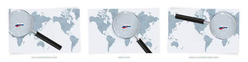 Blue Abstract World Maps with magnifying glass on map of Slovakia with the national flag of Slovakia. Three version of World Map. vector