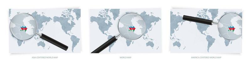 Blue Abstract World Maps with magnifying glass on map of Azerbaijan with the national flag of Azerbaijan. Three version of World Map. vector