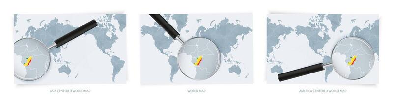 Blue Abstract World Maps with magnifying glass on map of Congo with the national flag of Congo. Three version of World Map. vector