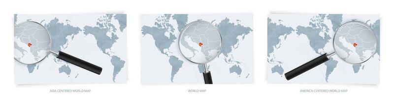 Blue Abstract World Maps with magnifying glass on map of Montenegro with the national flag of Montenegro. Three version of World Map. vector
