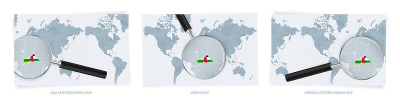 Blue Abstract World Maps with magnifying glass on map of Central African Republic with the national flag of Central African Republic. Three version of World Map. vector