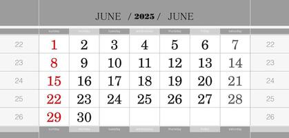 June 2025 quarterly calendar block. Wall calendar in English, week starts from Sunday. vector