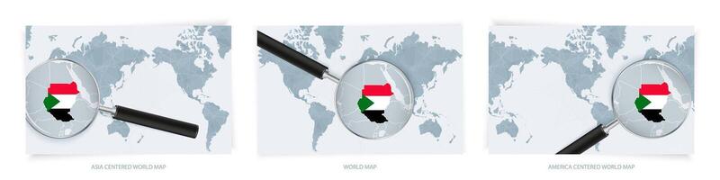 Blue Abstract World Maps with magnifying glass on map of Sudan with the national flag of Sudan. Three version of World Map. vector