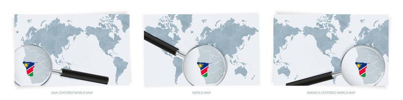 Blue Abstract World Maps with magnifying glass on map of Namibia with the national flag of Namibia. Three version of World Map. vector