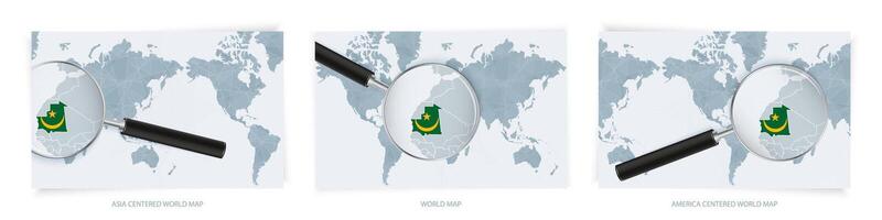 Blue Abstract World Maps with magnifying glass on map of Mauritania with the national flag of Mauritania. Three version of World Map. vector
