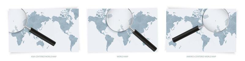 Blue Abstract World Maps with magnifying glass on map of Faroe Islands with the national flag of Faroe Islands. Three version of World Map. vector