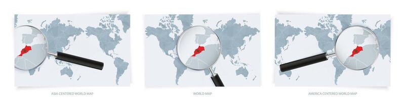 Blue Abstract World Maps with magnifying glass on map of Morocco with the national flag of Morocco. Three version of World Map. vector