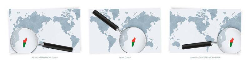 Blue Abstract World Maps with magnifying glass on map of Madagascar with the national flag of Madagascar. Three version of World Map. vector