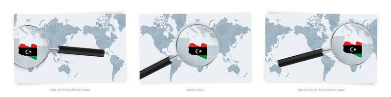 Blue Abstract World Maps with magnifying glass on map of Libya with the national flag of Libya. Three version of World Map. vector